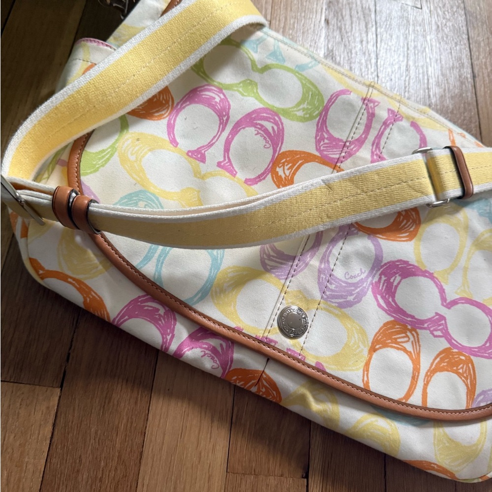 Coach White Canvas Shoulder Bag with Multicolor Ring Print and Yellow Strap
